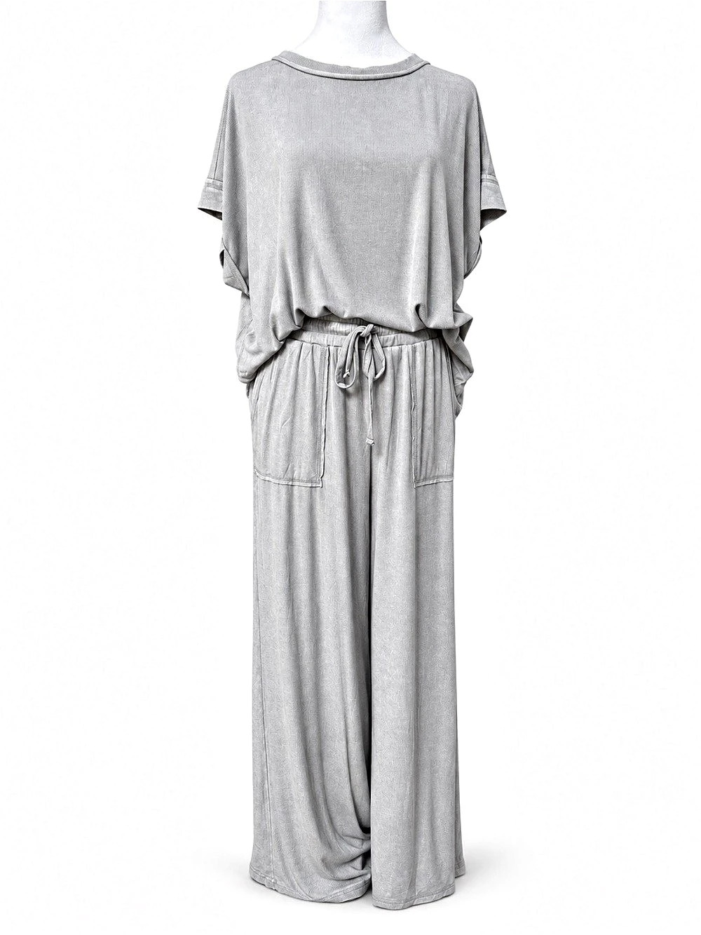 Zenana Light Gray Ribbed Wide Leg relaxed lounge set in Sleet L NWT - Picture 2 of 8